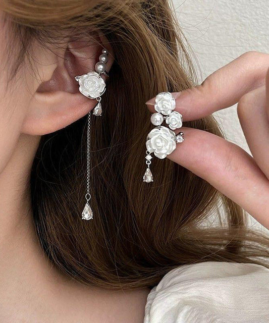 Chic Sterling Asymmetrical Drop Earrings White Tassel Rose Silver