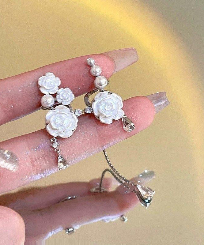 Chic Sterling Asymmetrical Drop Earrings White Tassel Rose Silver