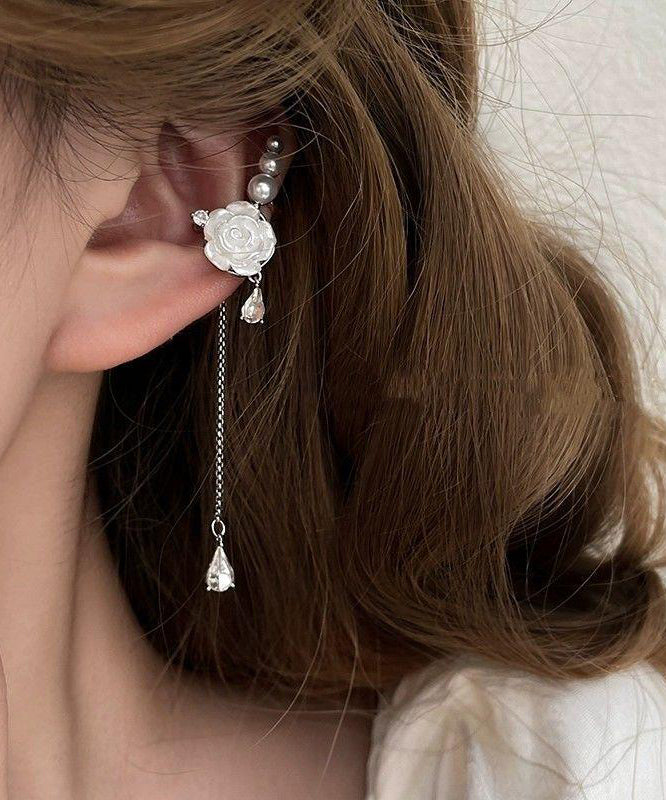 Chic Sterling Asymmetrical Drop Earrings White Tassel Rose Silver