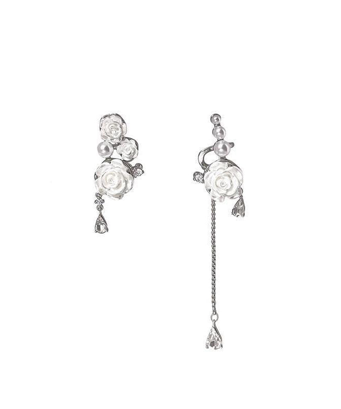 Chic Sterling Asymmetrical Drop Earrings White Tassel Rose Silver