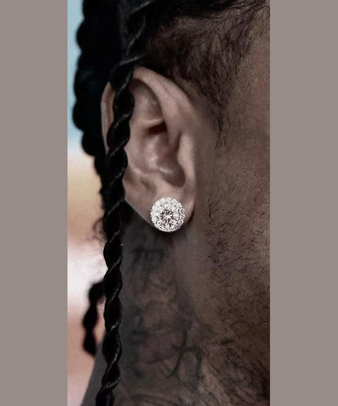 Men Sterling White Stud Earrings Chic Silver Zircon