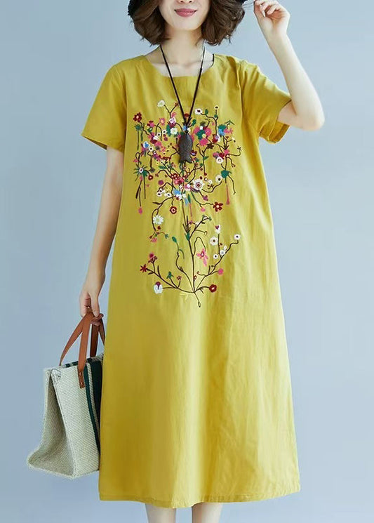 Linen Embroidered Fine Chic Dress Summer Yellow