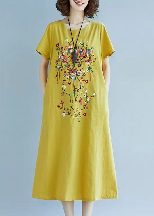 Linen Embroidered Fine Chic Dress Summer Yellow