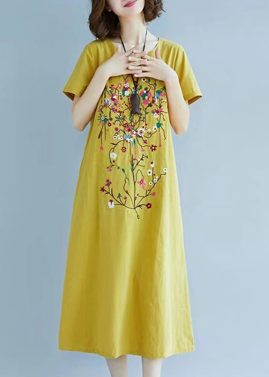 Yellow Fine Chic Embroidered Dress Linen Summer