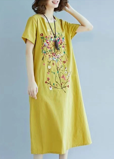 Yellow Fine Chic Embroidered Dress Linen Summer