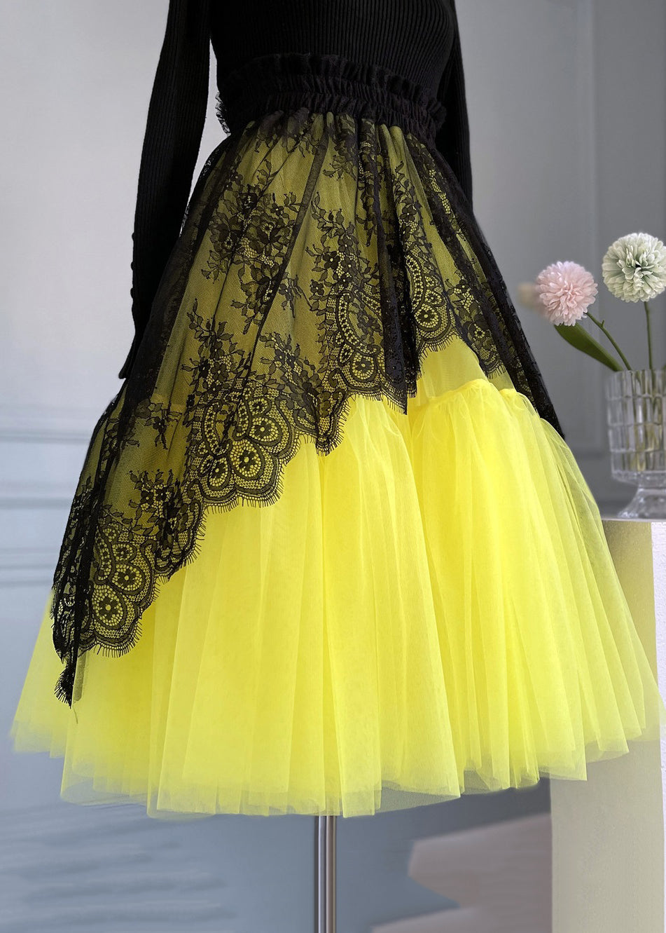 Chic Yellow Lace Elastic Waist Patchwork Tulle Skirts Summer Ada Fashion