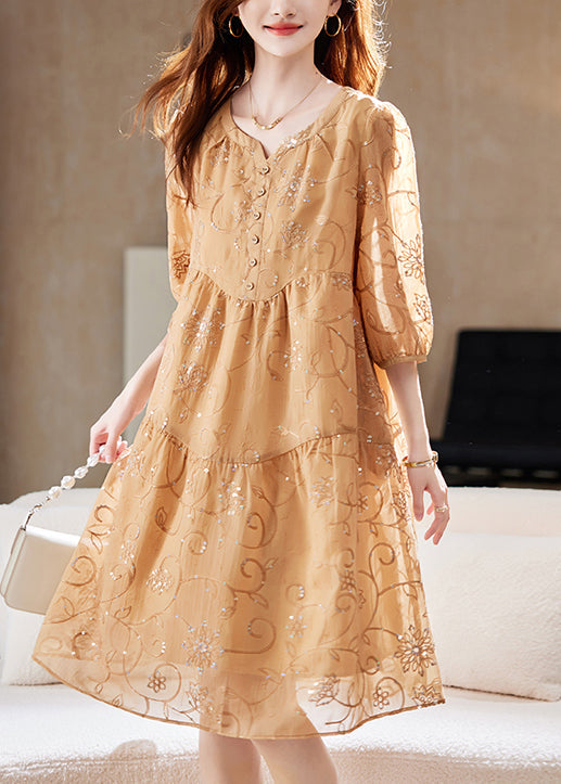 Cotton Yellow Patchwork Dress Chic Sequins Summer Embroidered