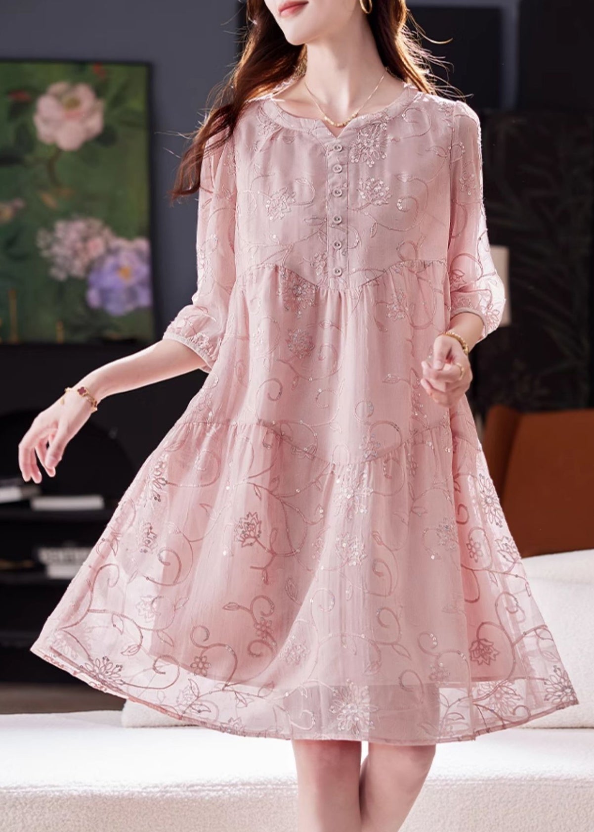 Cotton Yellow Patchwork Dress Chic Sequins Summer Embroidered