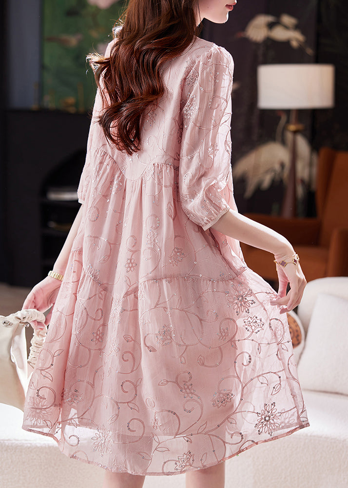 Cotton Yellow Patchwork Dress Chic Sequins Summer Embroidered