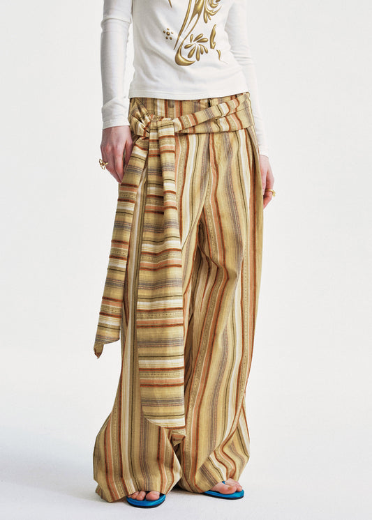 Summer Leg Wide Chic Striped Cotton Pants Yellow
