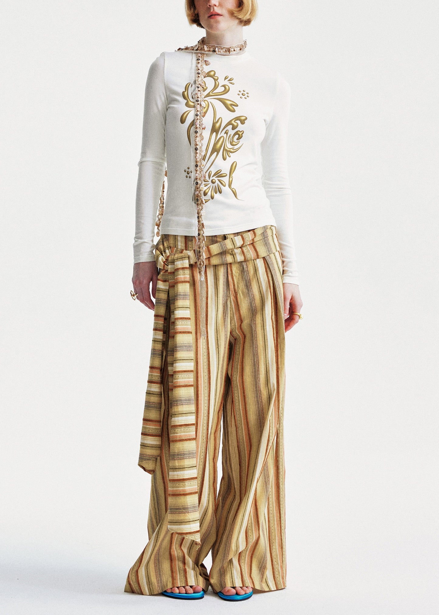 Summer Leg Wide Chic Striped Cotton Pants Yellow