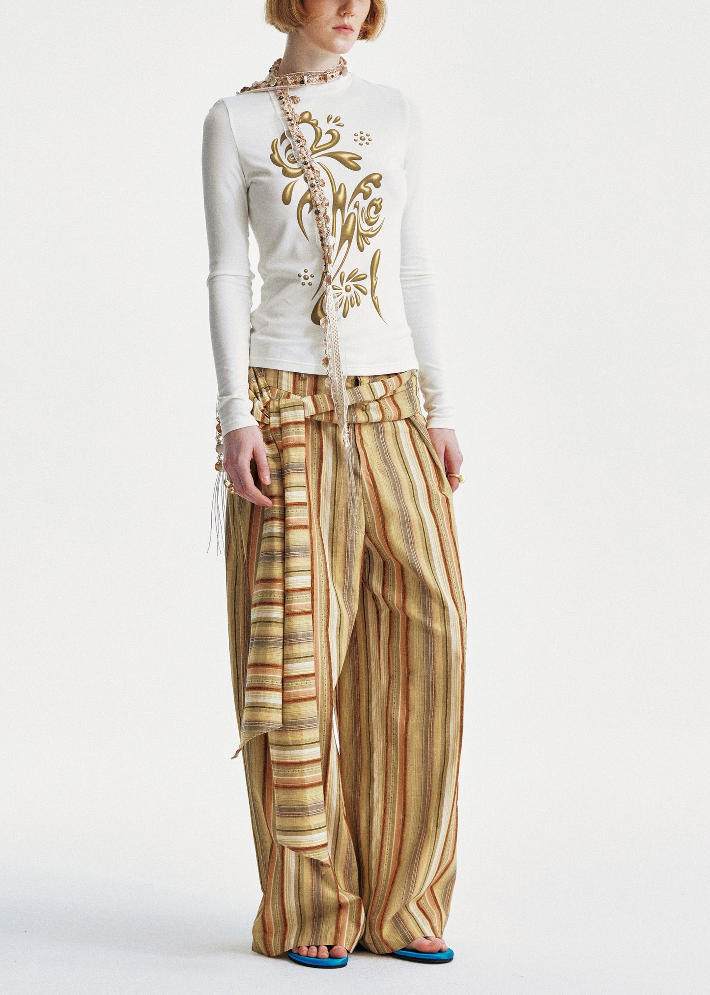 Summer Leg Wide Chic Striped Cotton Pants Yellow