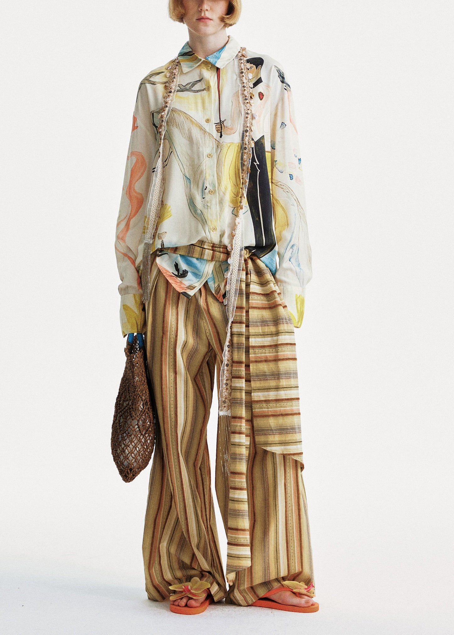 Summer Leg Wide Chic Striped Cotton Pants Yellow