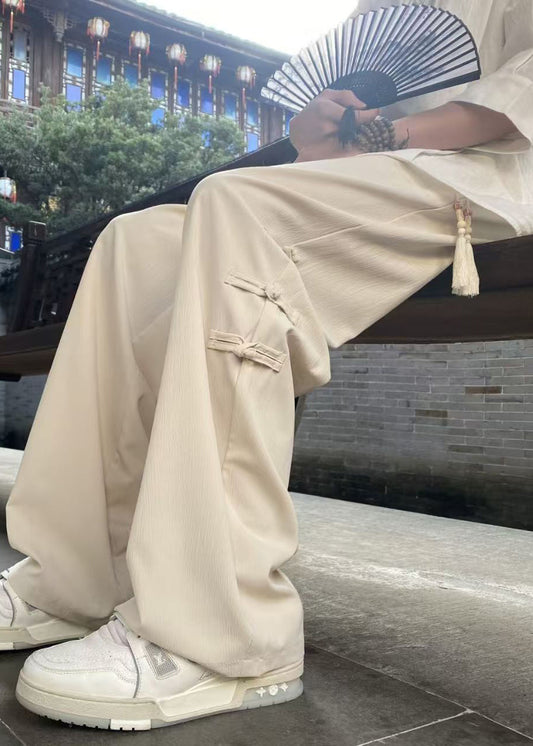 Silk Elastic Waist Chinese Men Apricot Pants Style Button Ice