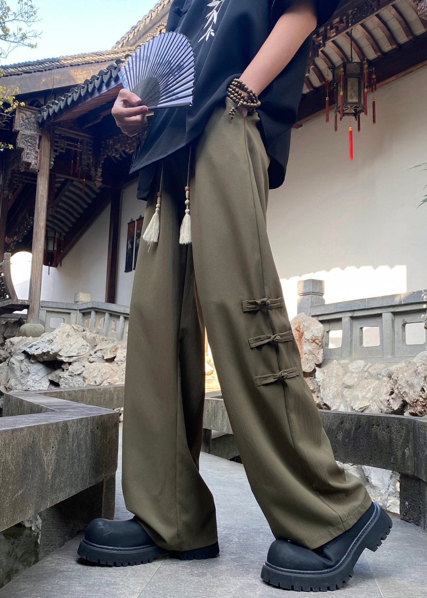 Silk Elastic Waist Chinese Men Apricot Pants Style Button Ice
