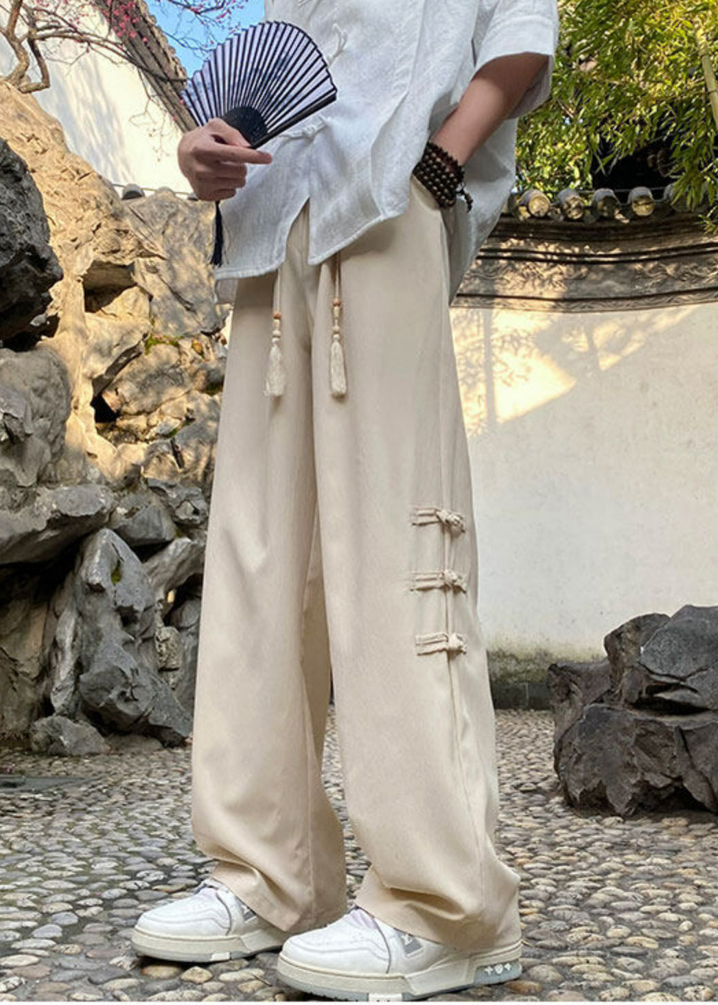 Silk Elastic Waist Chinese Men Apricot Pants Style Button Ice