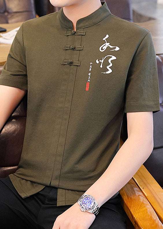 Style Mens T Cotton Shirt Chinese Collar Army Print Stand Green