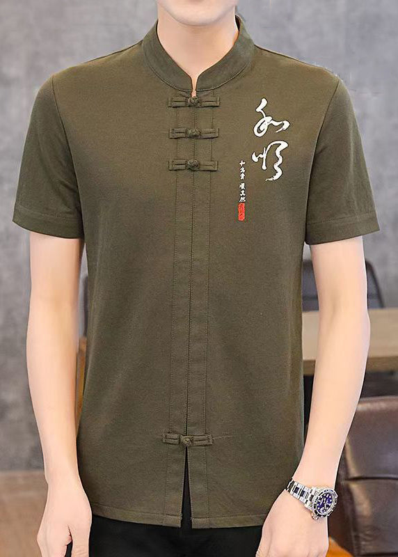 Style Mens T Cotton Shirt Chinese Collar Army Print Stand Green