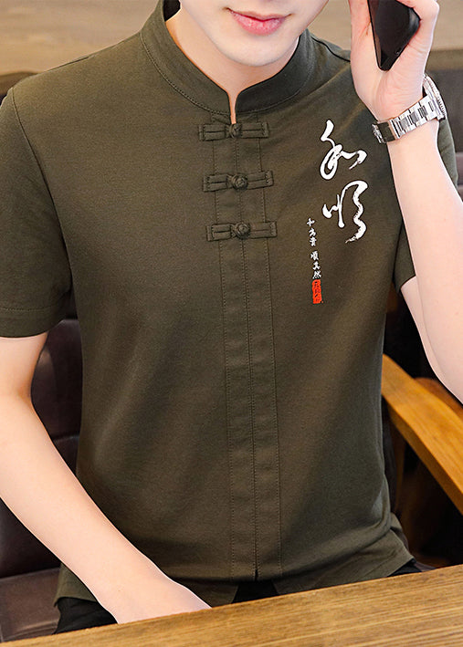 Style Mens T Cotton Shirt Chinese Collar Army Print Stand Green