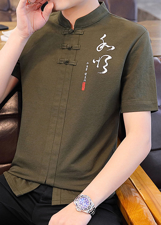 Style Mens T Cotton Shirt Chinese Collar Army Print Stand Green