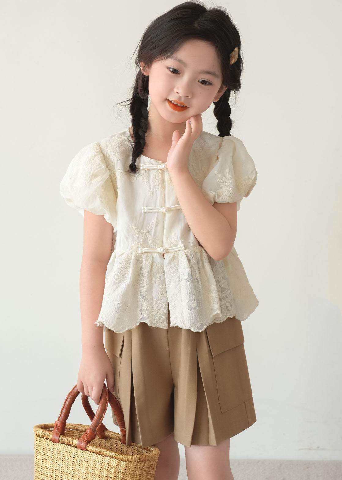 Chinese Style Beige O-Neck Patchwork Button Kids Shirt Short Sleeve SS1004