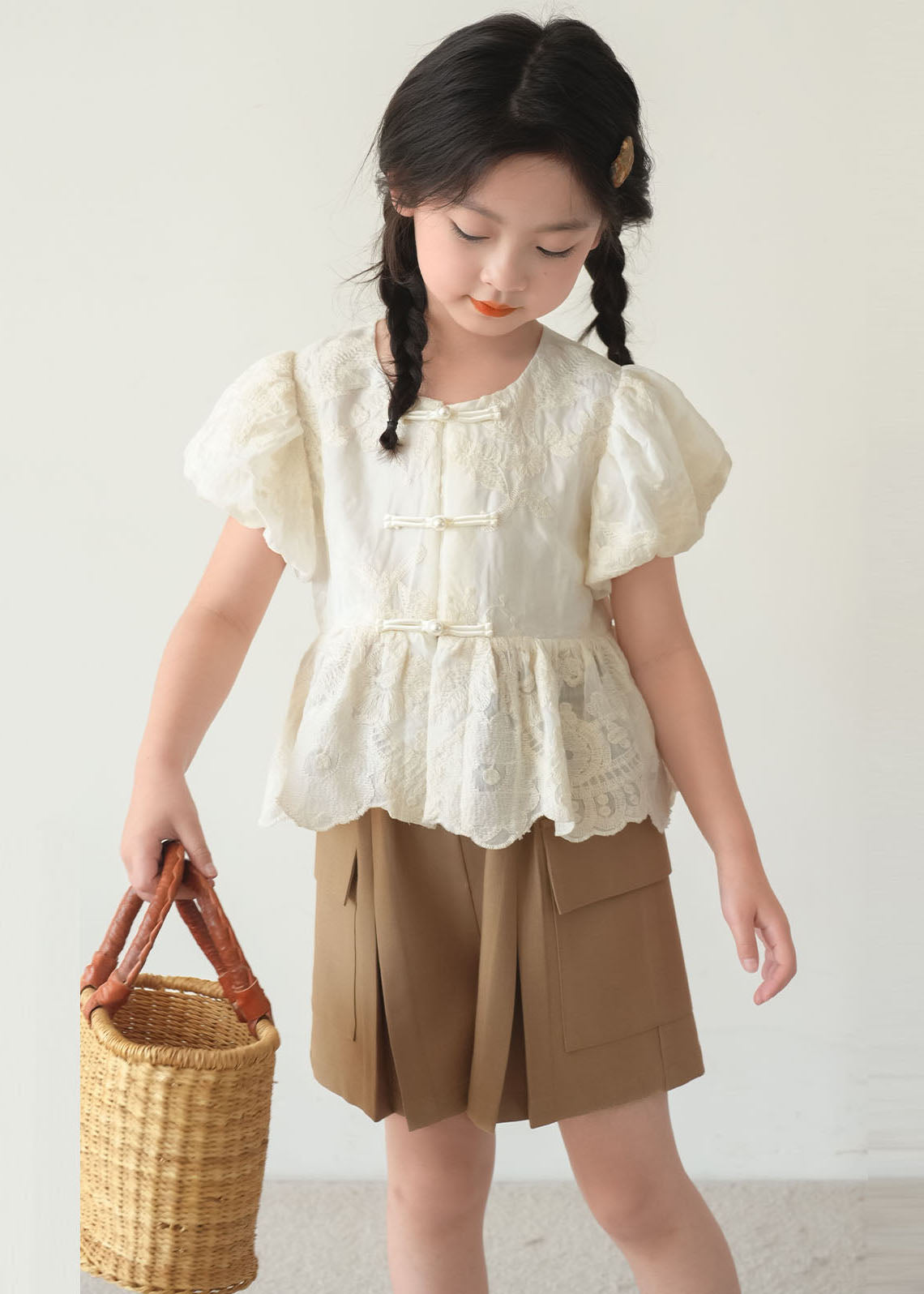 Chinese Style Beige O-Neck Patchwork Button Kids Shirt Short Sleeve SS1004