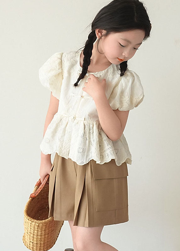 Chinese Style Beige O-Neck Patchwork Button Kids Shirt Short Sleeve SS1004