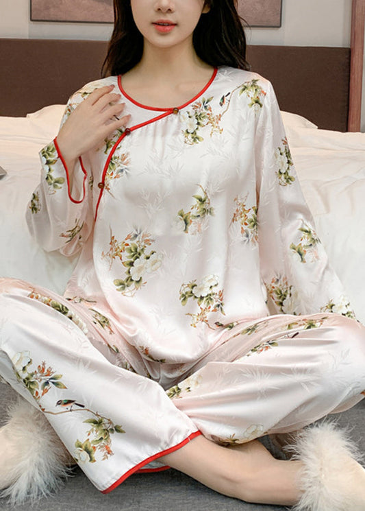 Chinese Style Beige O-Neck Print Patchwork Ice Silk Two Pieces Set Long Sleeve XS1014