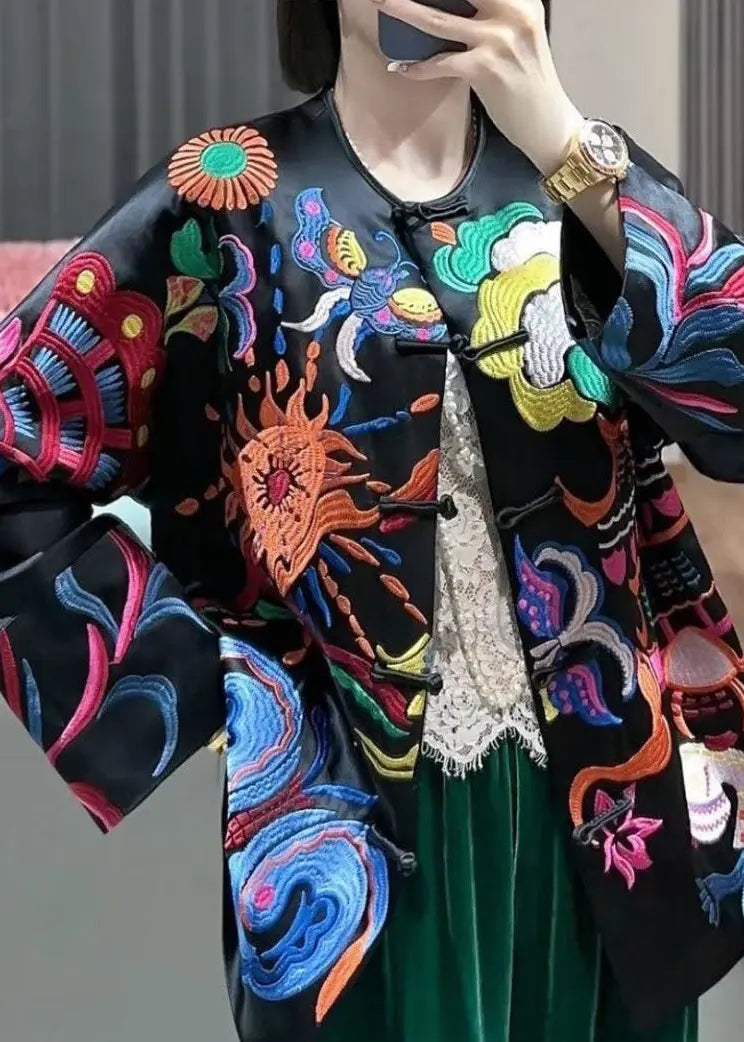 Chinese Style Black Embroidered Button Silk Coats Spring Ada Fashion