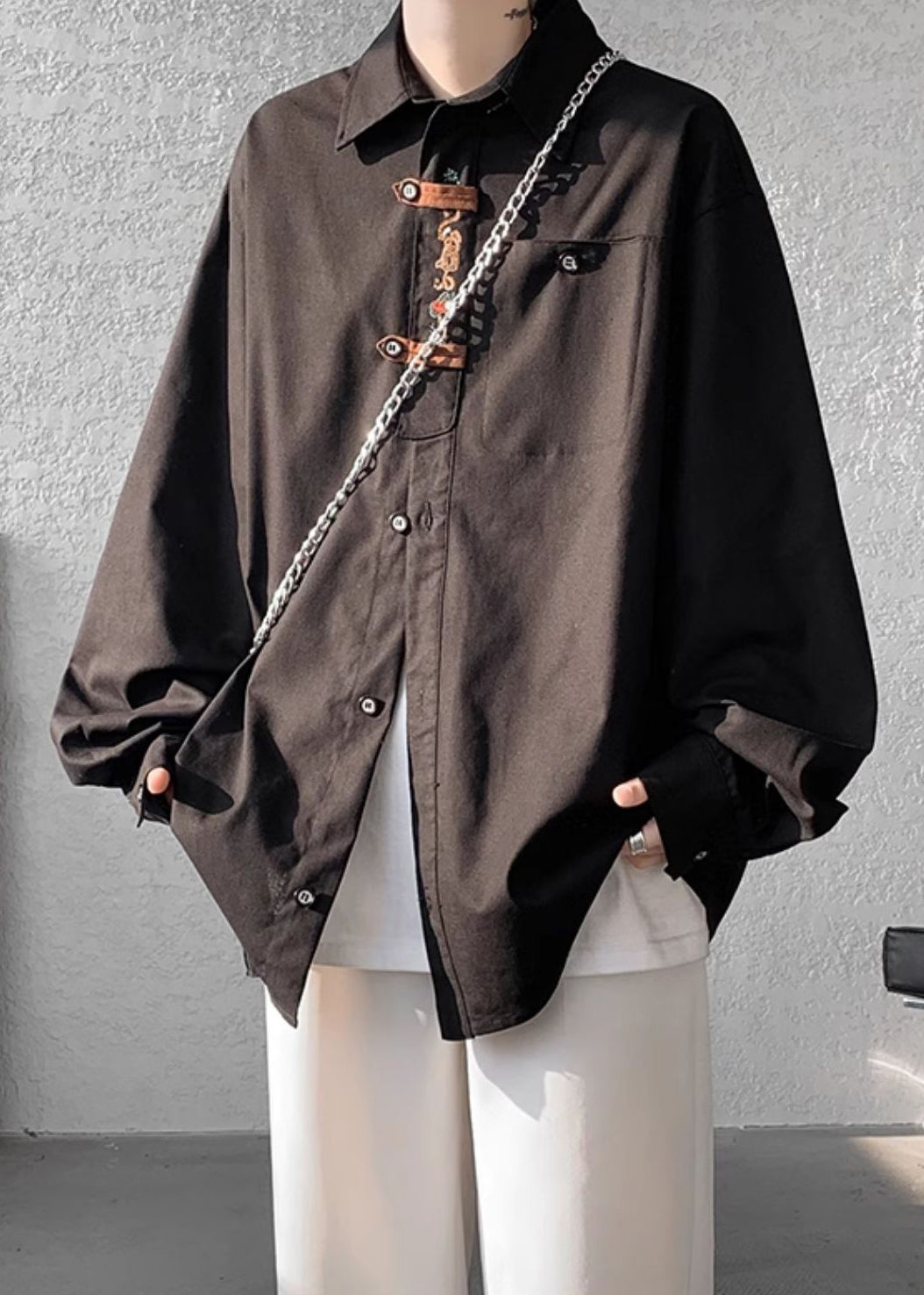 Chinese Style Black Embroideried Mens Shirts Fall RO015