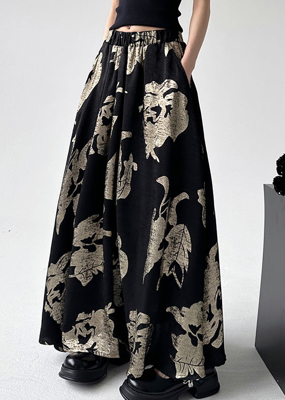 Waist Skirts Line Style Print Chinese Black A Elastic