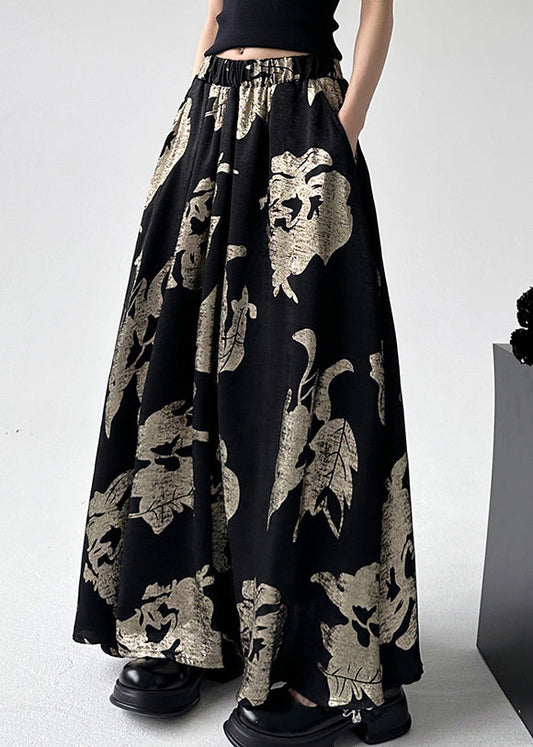 Waist Skirts Line Style Print Chinese Black A Elastic