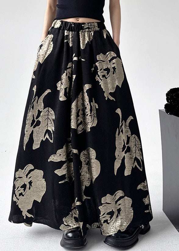 Waist Skirts Line Style Print Chinese Black A Elastic