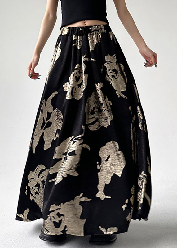 Waist Skirts Line Style Print Chinese Black A Elastic