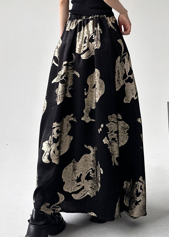 Waist Skirts Line Style Print Chinese Black A Elastic