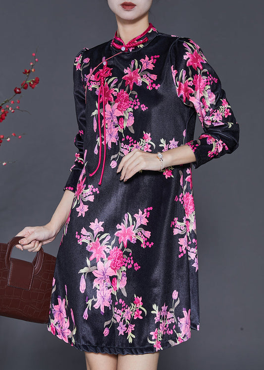 Chinese Style Black Print Silk Velvet Mini Dresses Spring SD1101