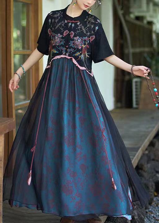 Chinese Style Black Stand Collar Embroidered Patchwork Linen Silk Dress Summer WW1014