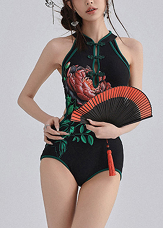 Stand Collar Bodysui Black Style Print Butto Chinese