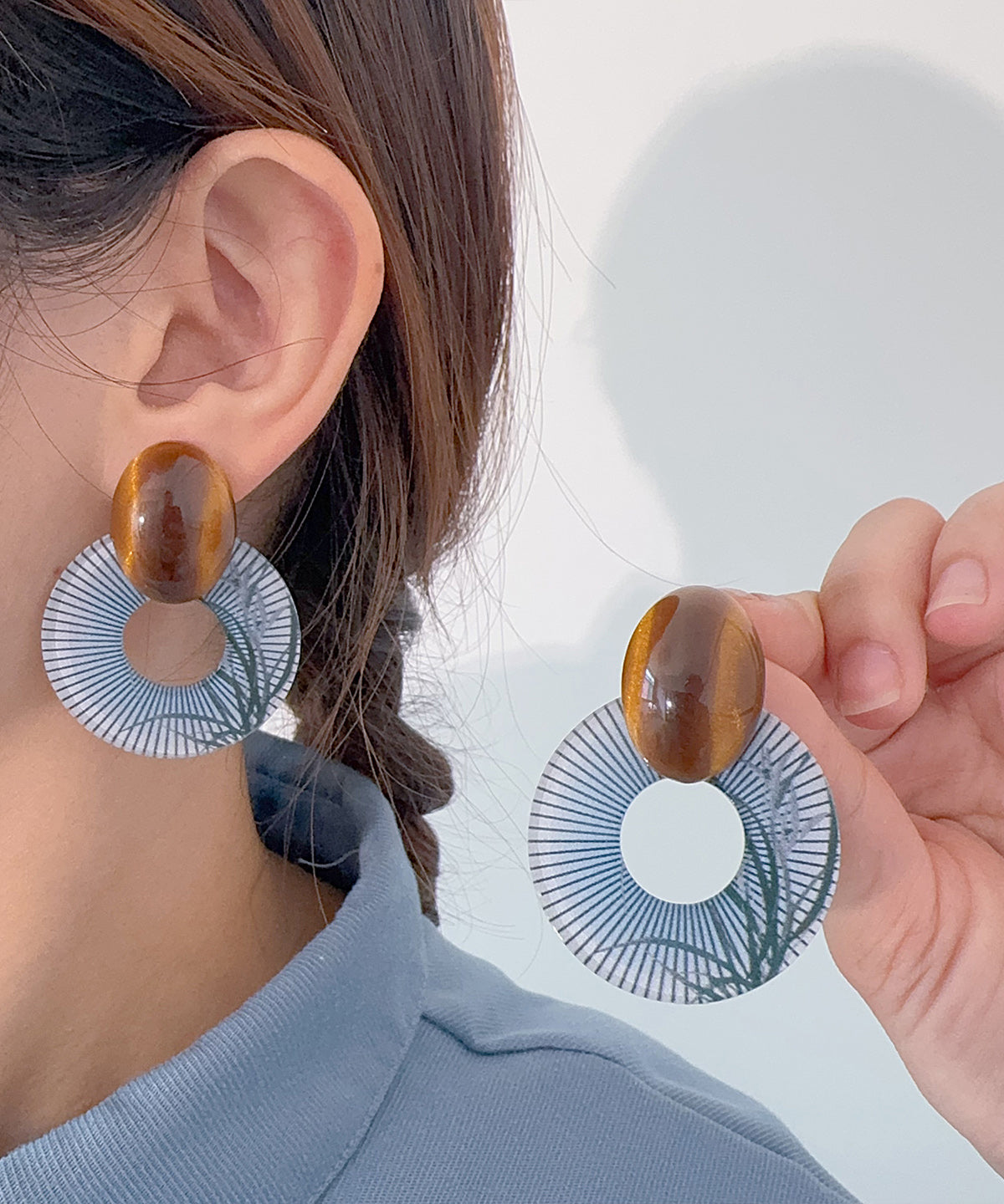 Chinese Amber Style Blue Acrylic Earrings Hoop Alloy