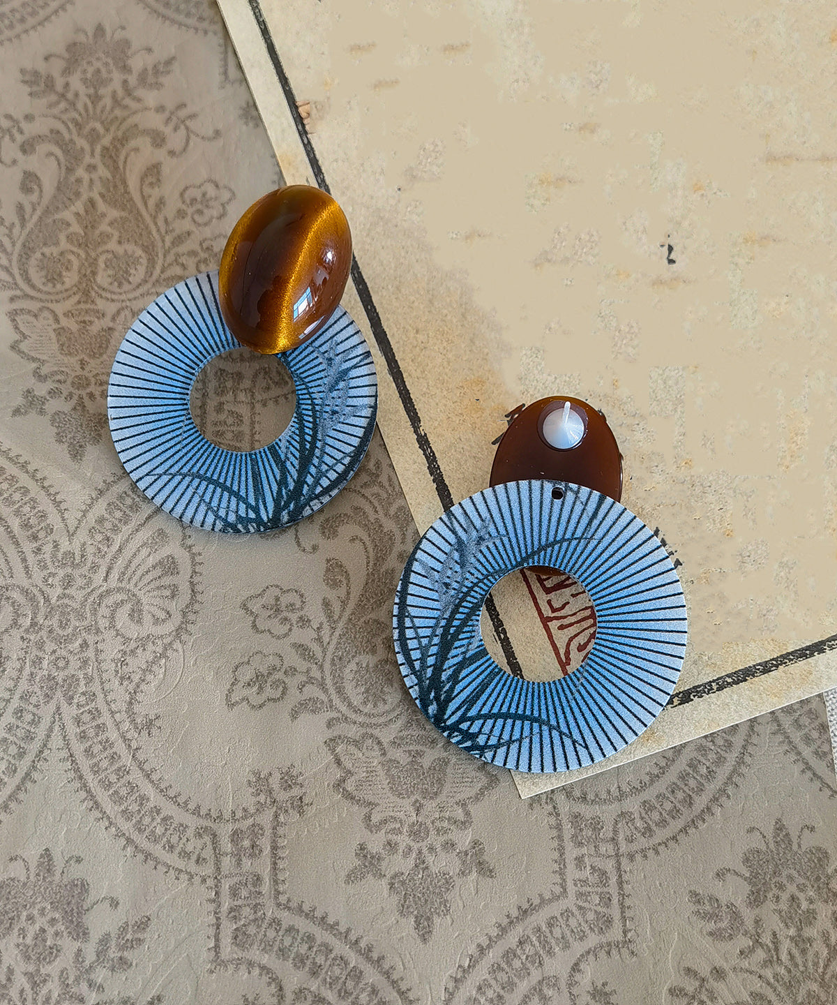Chinese Amber Style Blue Acrylic Earrings Hoop Alloy