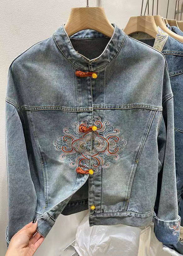 Chinese Style Blue Embroidered Button Denim Coat Spring Ada Fashion