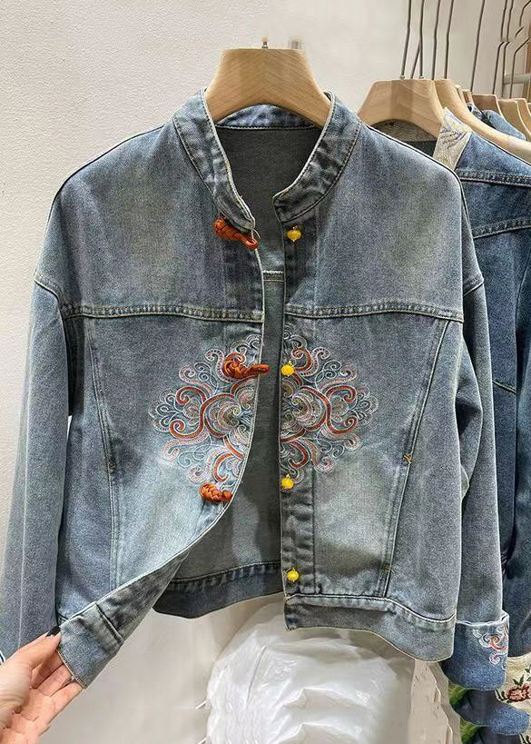 Chinese Style Blue Embroidered Button Denim Coat Spring Ada Fashion