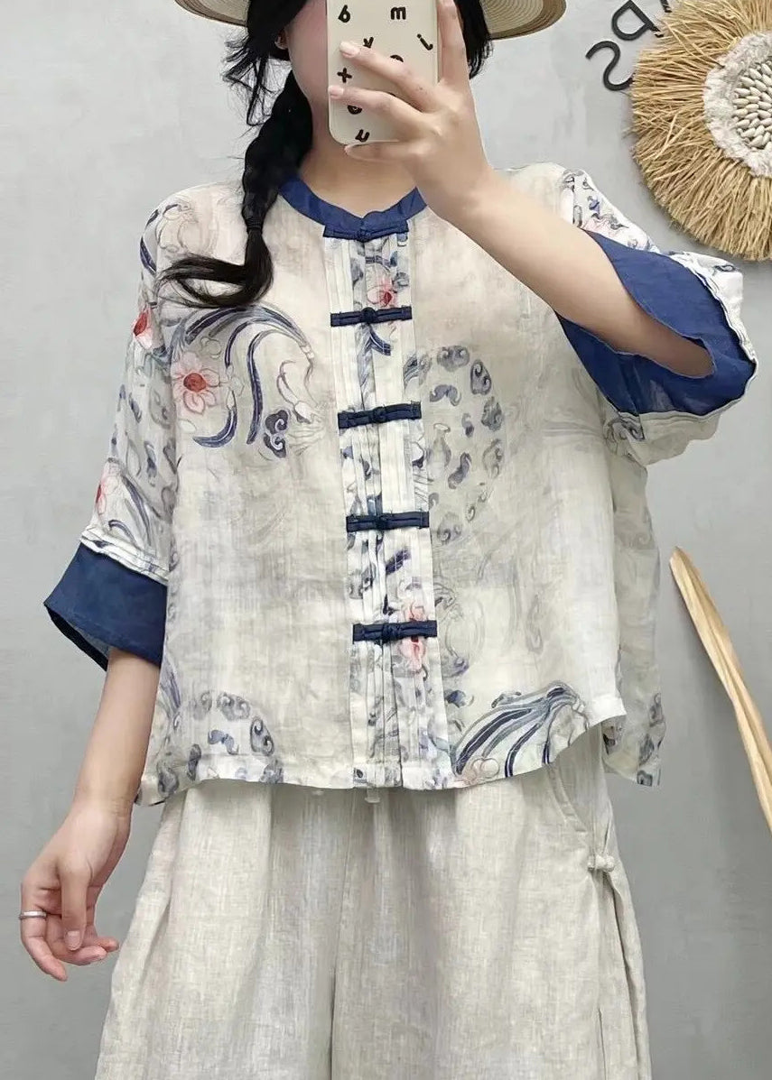 Blue Style Chinese Print Patchwork Summer Linen Shirts