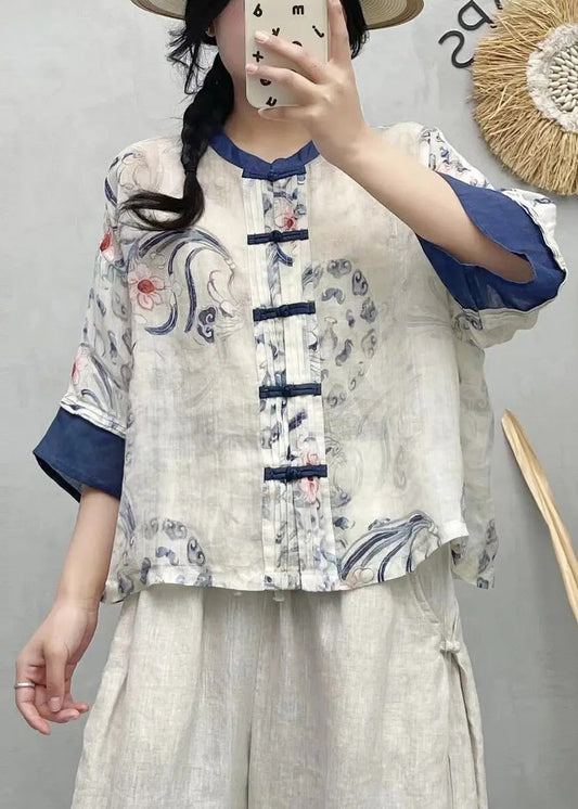 Blue Style Chinese Print Patchwork Summer Linen Shirts