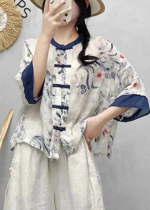 Blue Style Chinese Print Patchwork Summer Linen Shirts