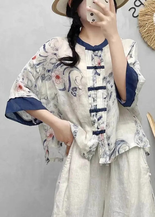 Blue Style Chinese Print Patchwork Summer Linen Shirts