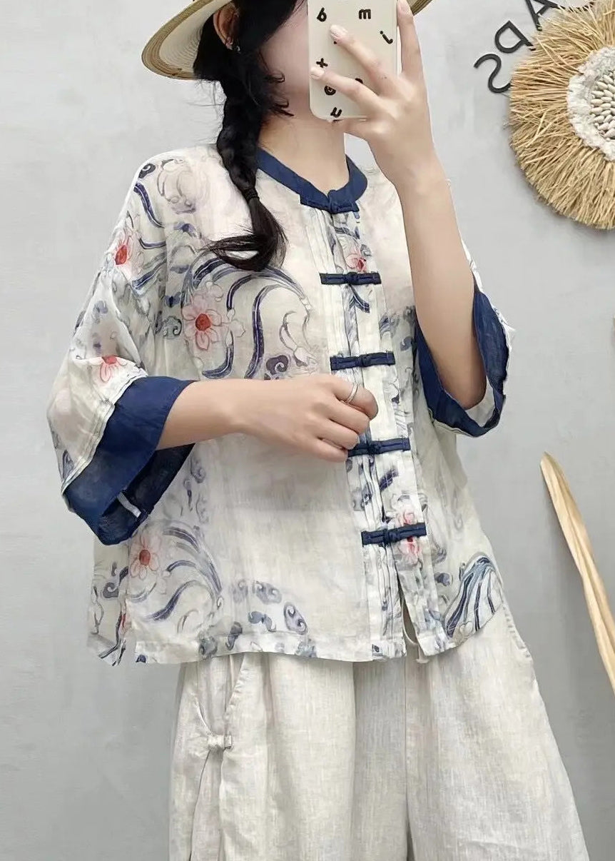 Blue Style Chinese Print Patchwork Summer Linen Shirts