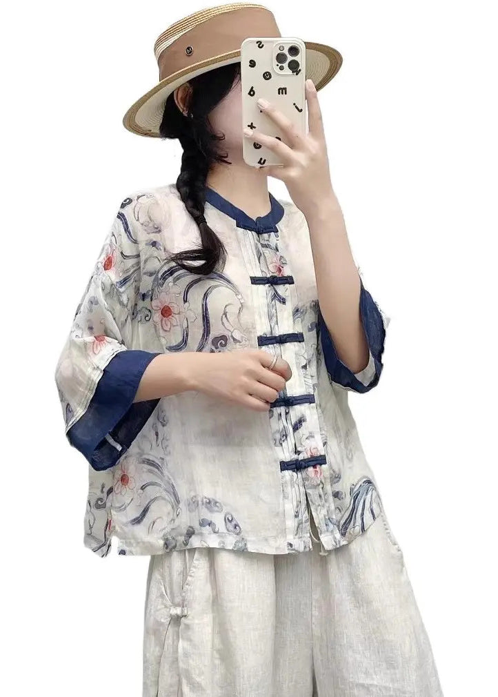 Blue Style Chinese Print Patchwork Summer Linen Shirts