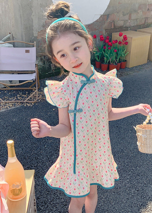 Chinesischen Stil Blau Rüschen Druck Taste Mädchen Mid Kleid Sommer MN015