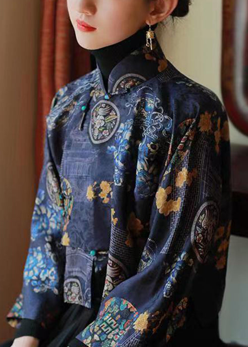 Chinese Style Blue Stand Collar Print Silk Shirts Spring YW038